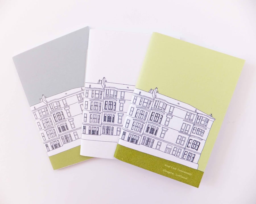 Set of 3 A6 Glasgow Notebooks in grey, green and black and white