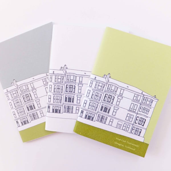 Set of 3 A6 Glasgow Notebooks in grey, green and black and white