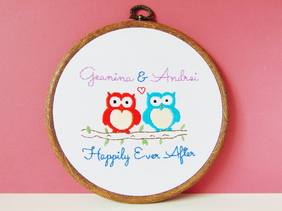 Owl Anniversary Gift, Cotton Anniversary, Personalised Hand Embroidered Hoop