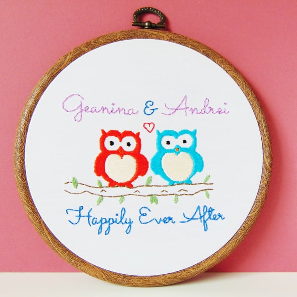 Owl Anniversary Gift, Cotton Anniversary, Personalised Hand Embroidered Hoop