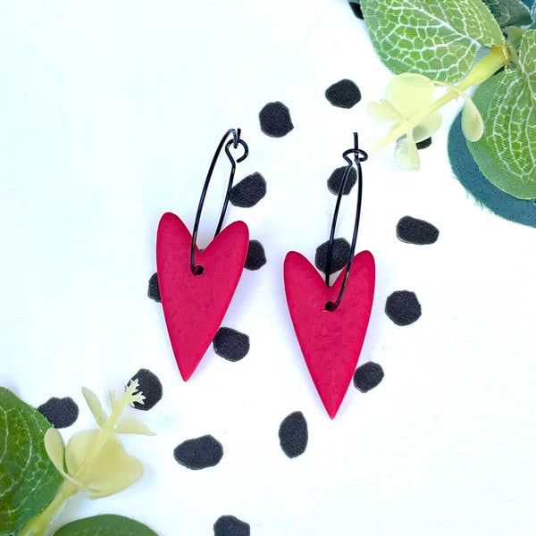 Red heart hoop earrings 