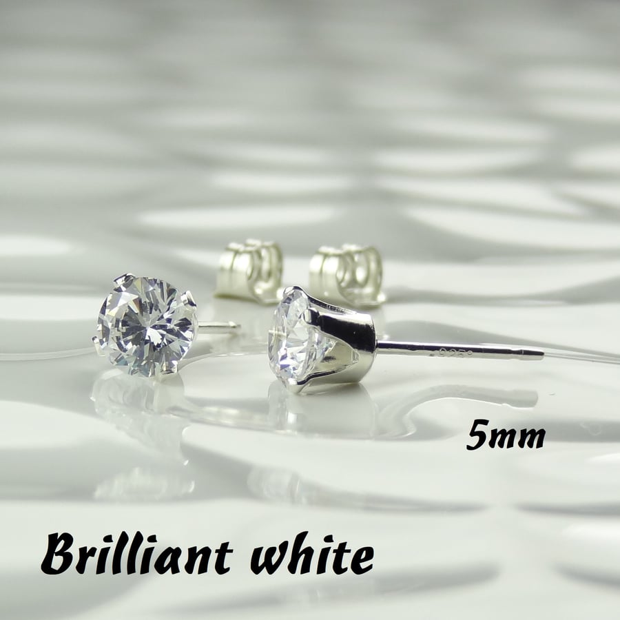 Cubic Zirconia stud earrings, sterling silver or 14k gold filled, colourless 5mm