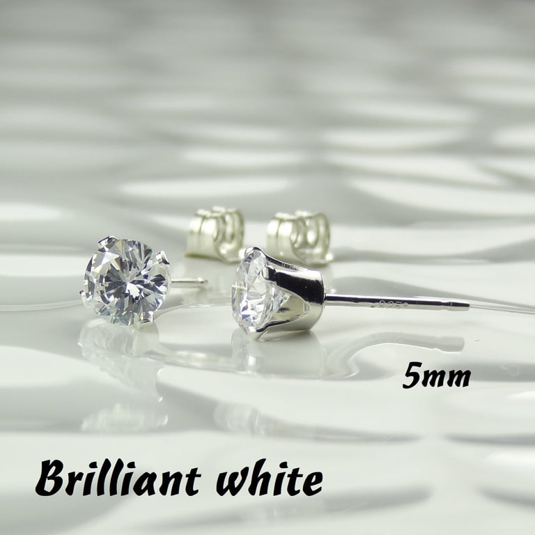 Cubic Zirconia stud earrings, sterling silver or 14k gold filled, colourless 5mm