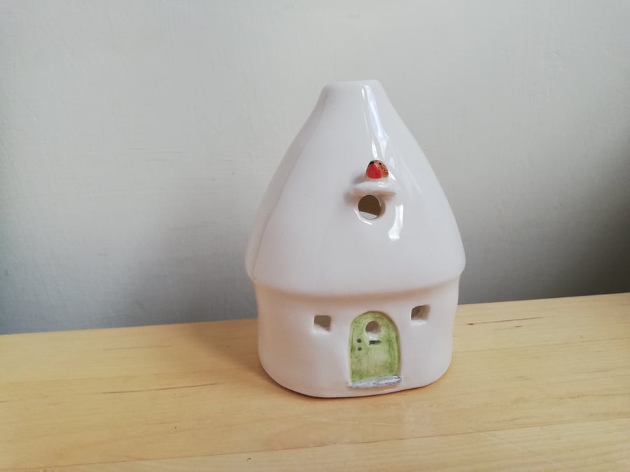 Handmade ceramic Christmas house tea light - pottery robin home candle holder