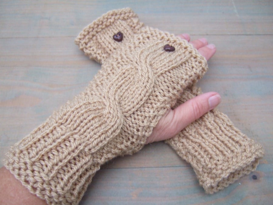 Aran Wrist Warmers, Hand Knit Fingerless Gloves, Ladies Camel Gloves 