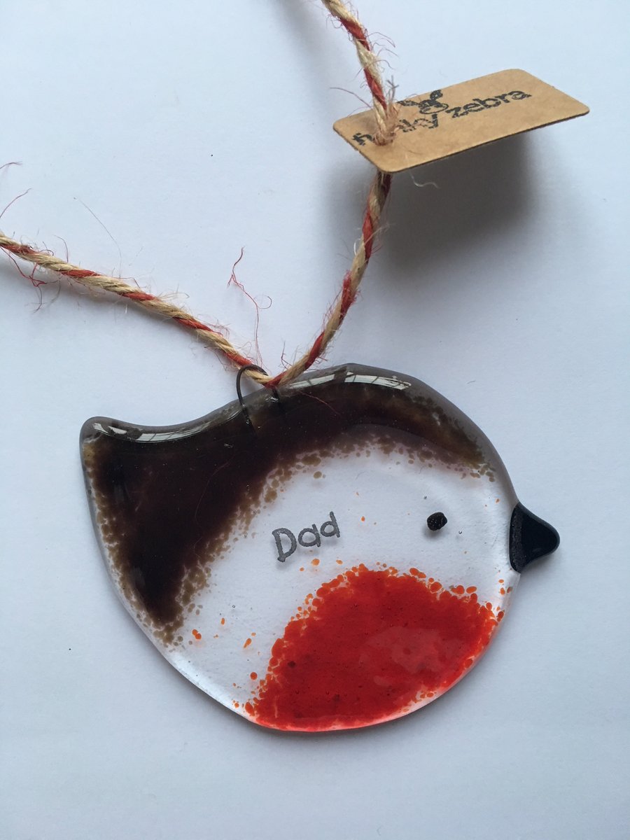 A Little Hug in a Box Handmade Fused Glass "Dad" Robin Christmas Decoration