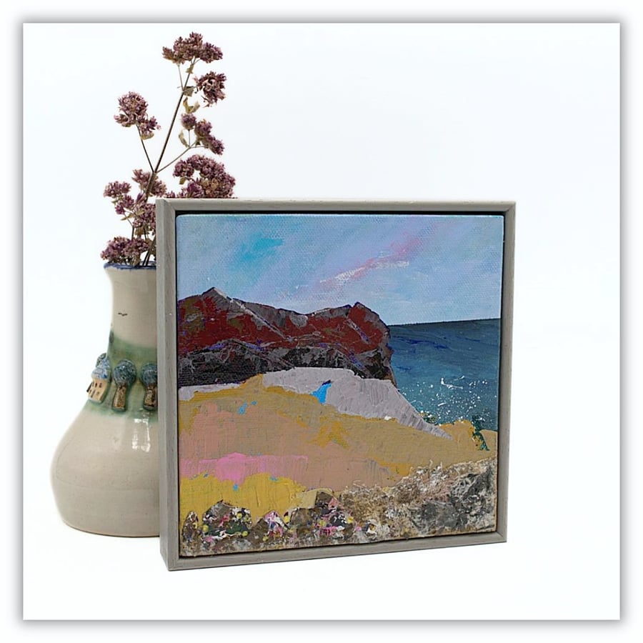 A small mixed media painting - framed - Scottish coast - coastal landscape