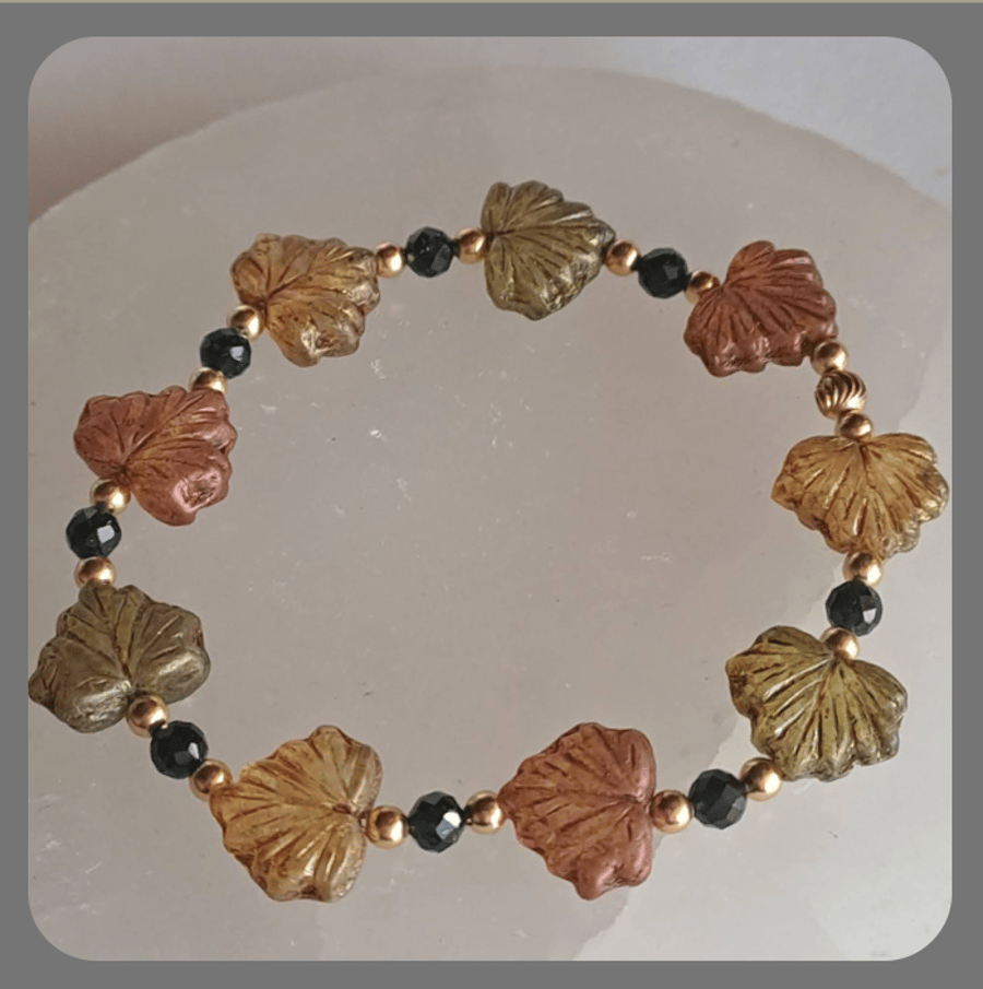 Czech glass, Green Goldstone and Vermeil Maple Leaves bracelet