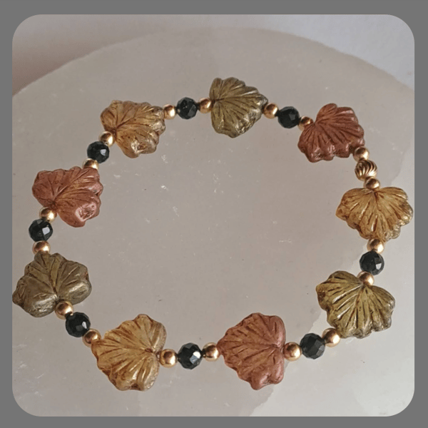 Czech glass, Green Goldstone and Vermeil Maple Leaves bracelet