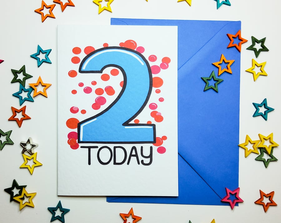 2 TWO TODAY Birthday Card Blue & Red for Two Year Old Baby Son Nephew Grandson 