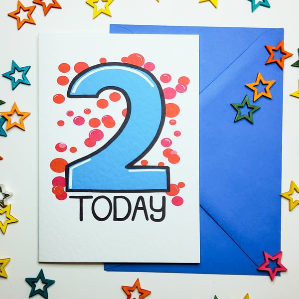 2 TWO TODAY Birthday Card Blue & Red for Two Year Old Baby Son Nephew Grandson 