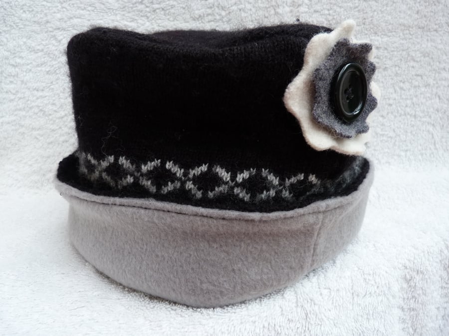 Wool Hat Created from Up-cycled Sweaters. Black Grey and White. 