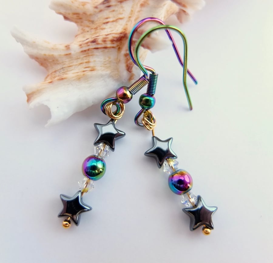 Rainbow Hematite, Hematite Star & Swarovski Crystal Earrings - Handmade in Devon