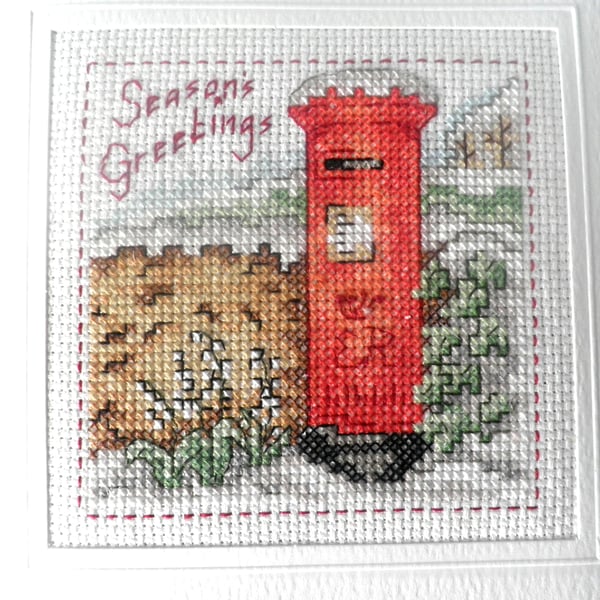 Postbox Cross Stitched Christmas Card