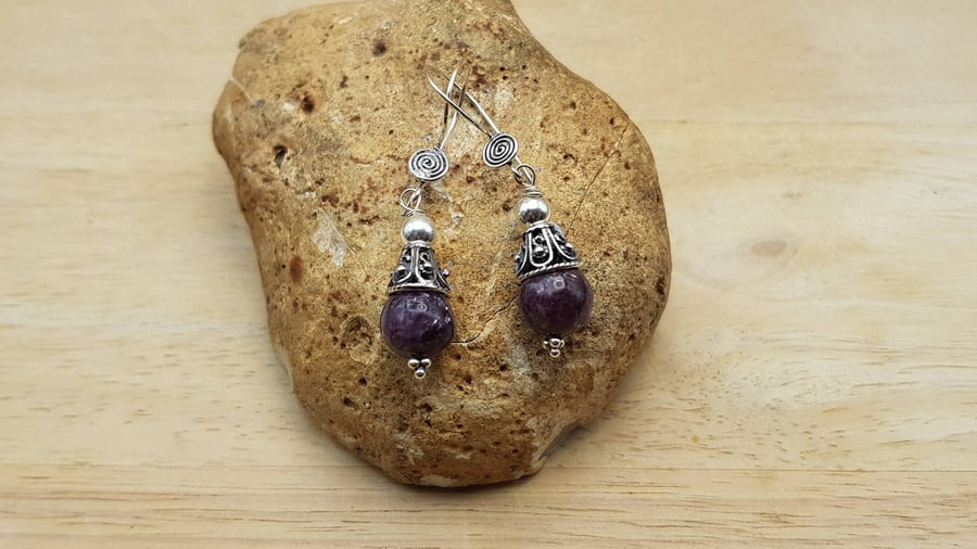 Purple Lepidolite cone earrings. Libra jewellery
