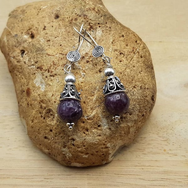 Purple Lepidolite cone earrings. Libra jewellery