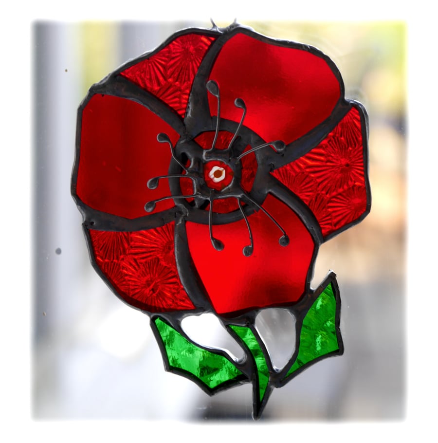 Poppy Suncatcher Stained Glass Handmade Red Flower 037
