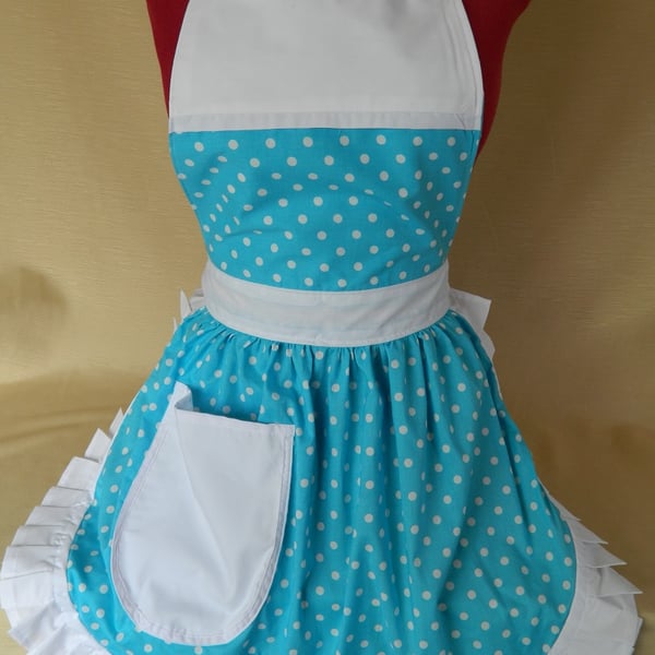 Vintage 50s Style Full Apron Pinny - Turquoise & White Polka Dot with White Trim