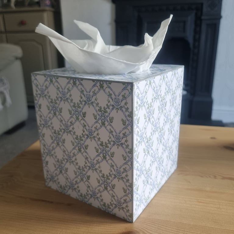 Tissue Box Cover in a Pretty Blue Floral Trellis Design