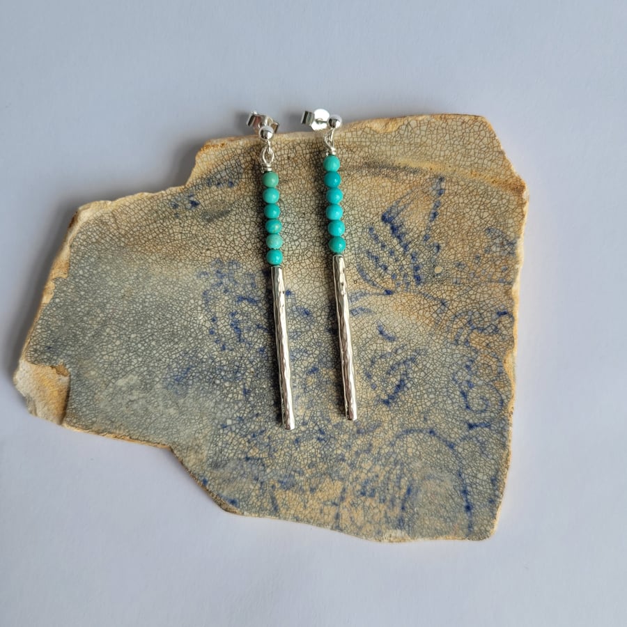 Turquoise Sterling Silver Earrings, Hammered Bar, Dangle Drop Earrings