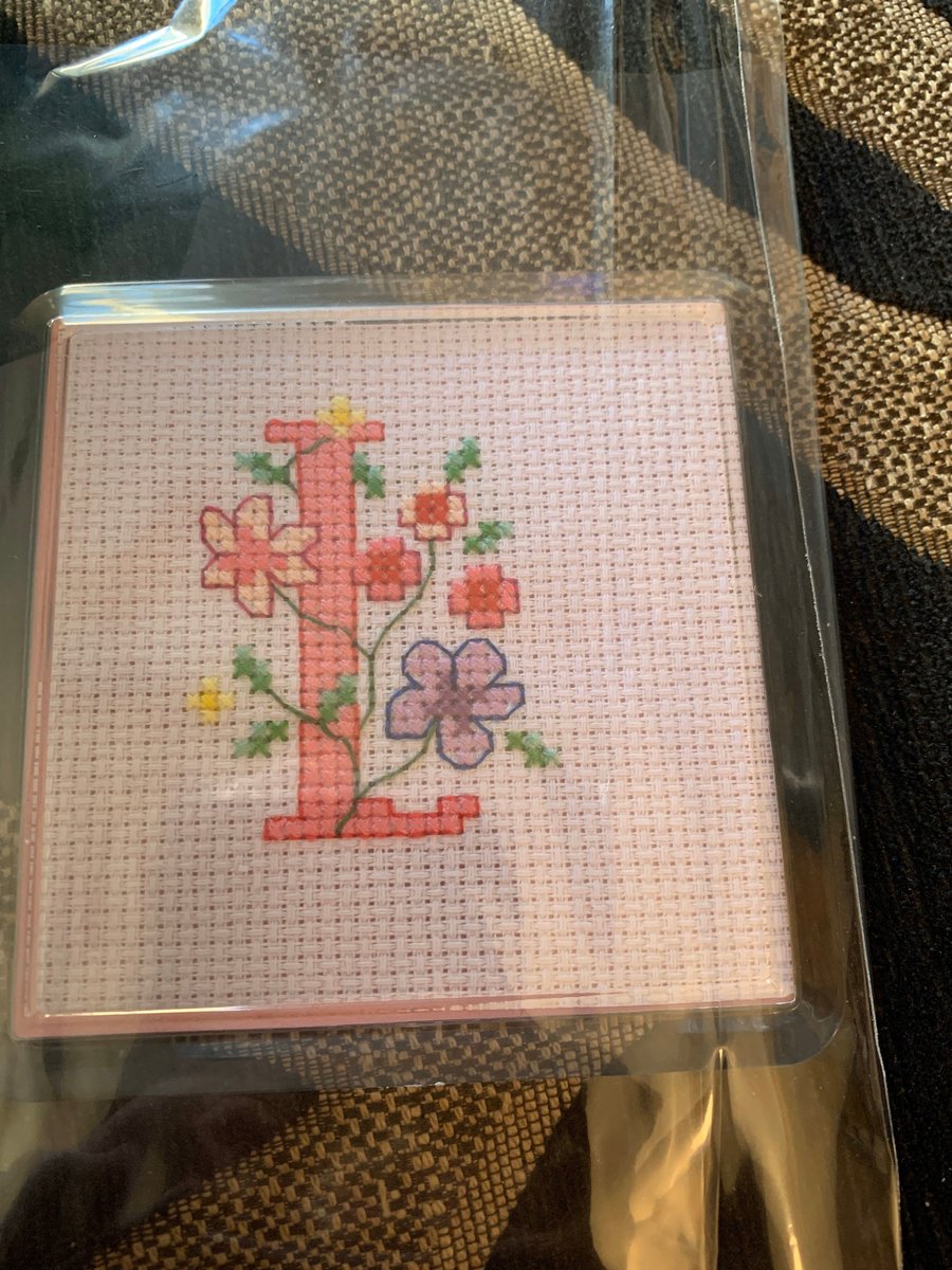 Initial L coaster , cross stitched coaster initial L with flowers