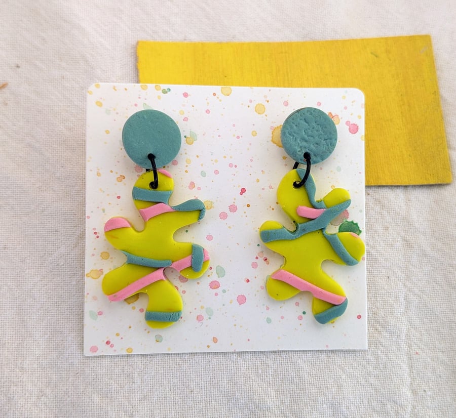 Blue and yellow splat dangly earings 