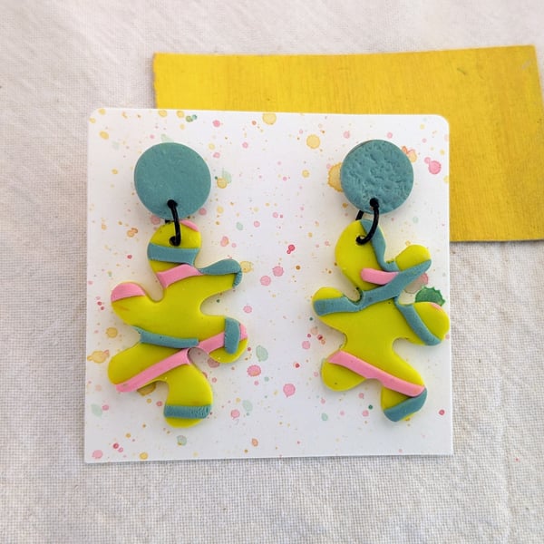 Blue and yellow splat dangly earings 