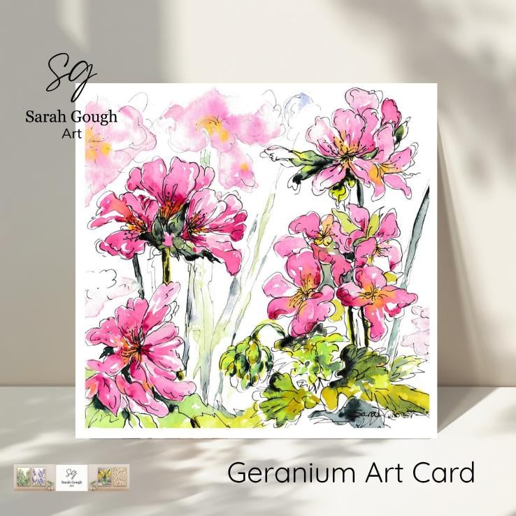 Pink Geranium - Art Card - Square - Blank - Original Watercolour Design - with E