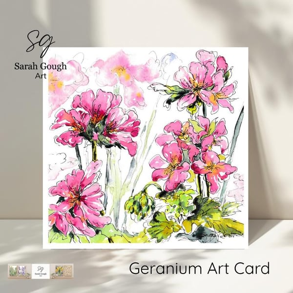 Pink Geranium - Art Card - Square - Blank - Original Watercolour Design - with E