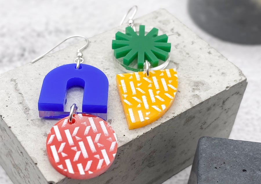Contemporary Abstract Art Mismatched Earrings with Arch and Sunburst Designs