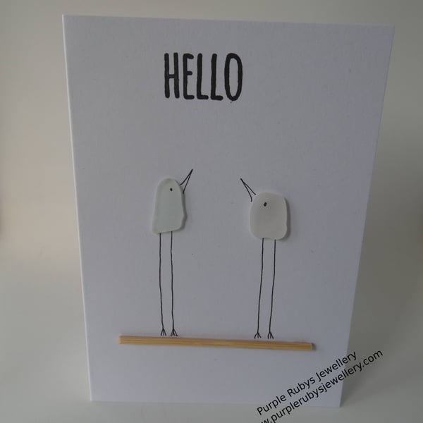 Long Legged White Sea Glass Birds on a Perch 'Hello' Card C341