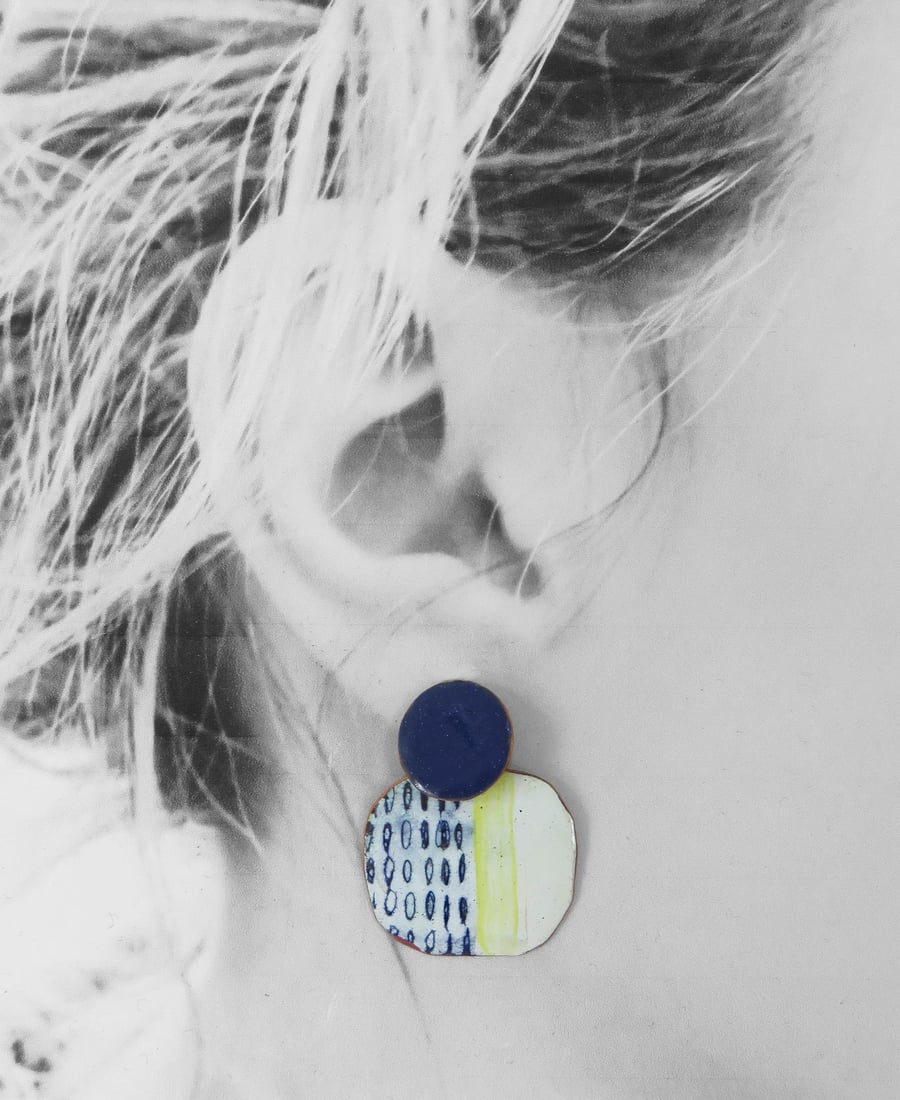 Round Copper Dangle Earrings with Enamel and Hand Drawn Detail in Blue and White