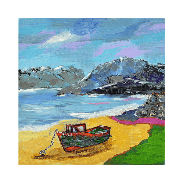 A framed acrylic painting - a boat on a Scottish beach - coastal landscape