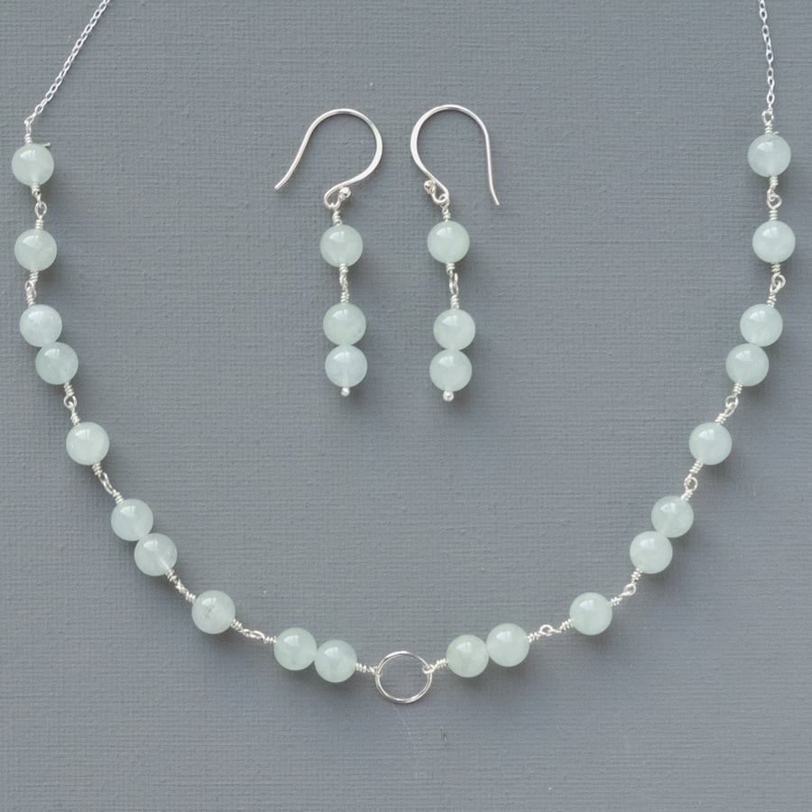 Sterling Silver & Aquamarine Gemstone Minimalist Karma Necklace and Earrings Set
