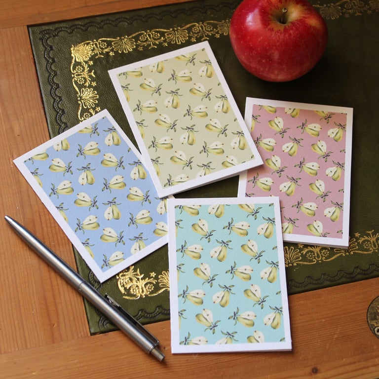 Pear mini note cards - pack of 4 blank greetings cards, A7 