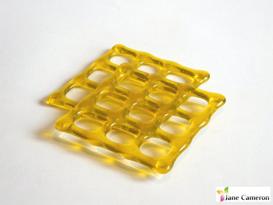Set of 2 Coasters - pair - Canary Yellow Organic Waffles - Fused Glass - FGC-021