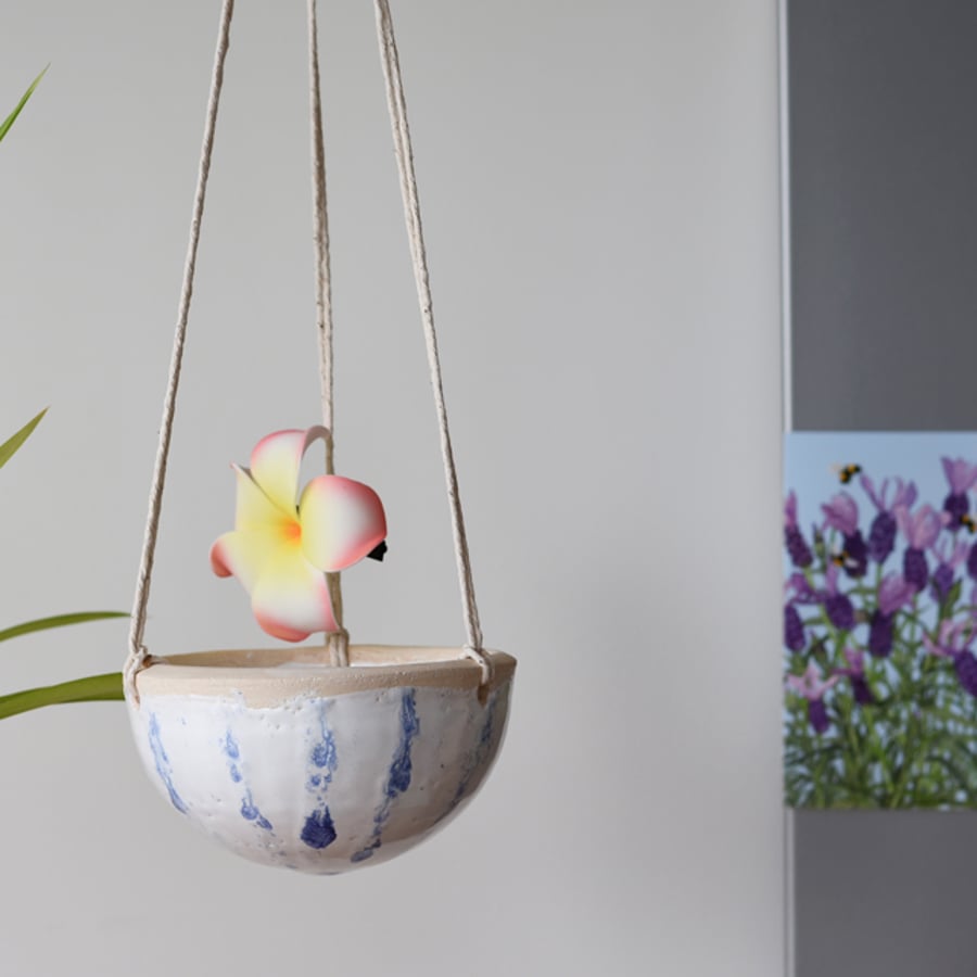 Cute blue and white ceramic hanging planter - handmade pottery