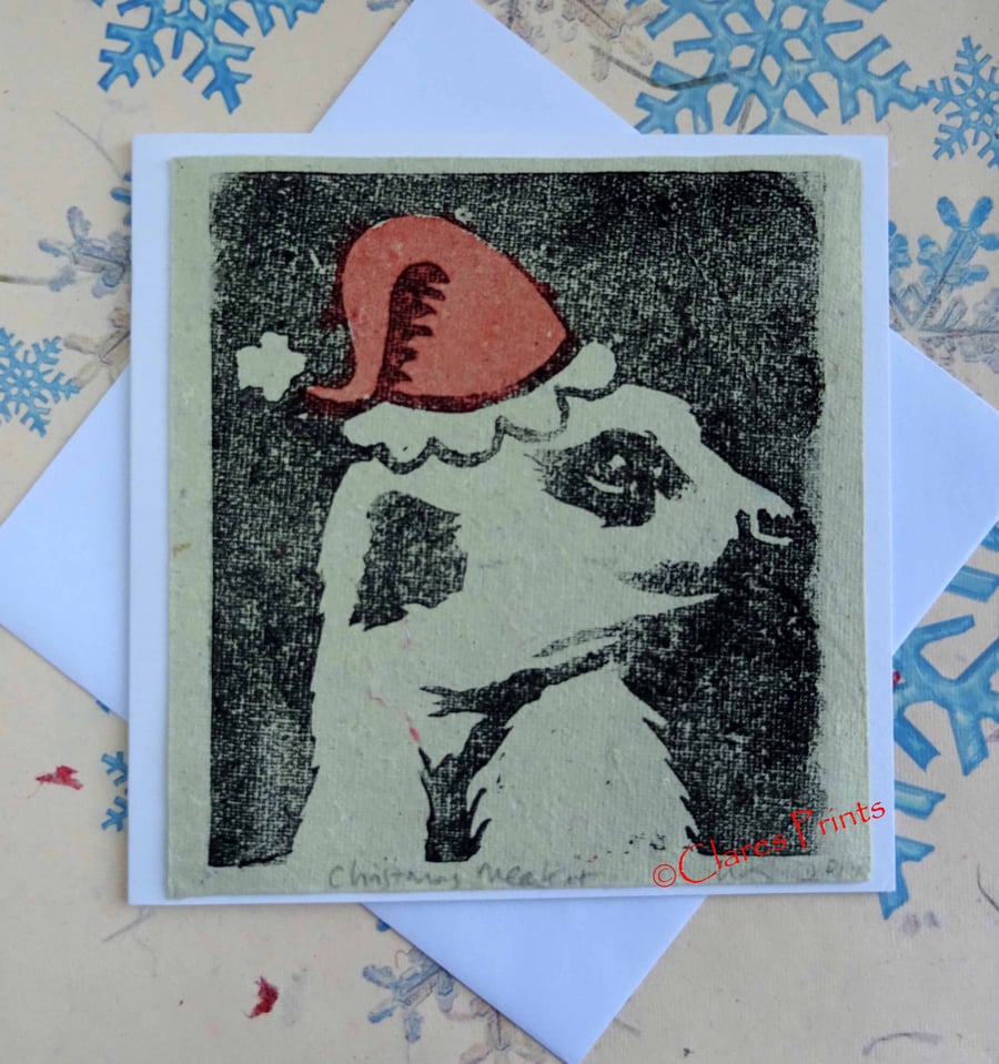 Christmas Meerkat Art Lino Print Greeting Card Meercat Cream