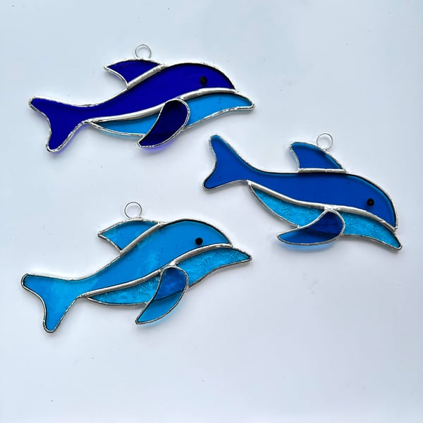 Stained Glass Dolphin Suncatcher - Hanging Window Decoration - D Blue and Turq