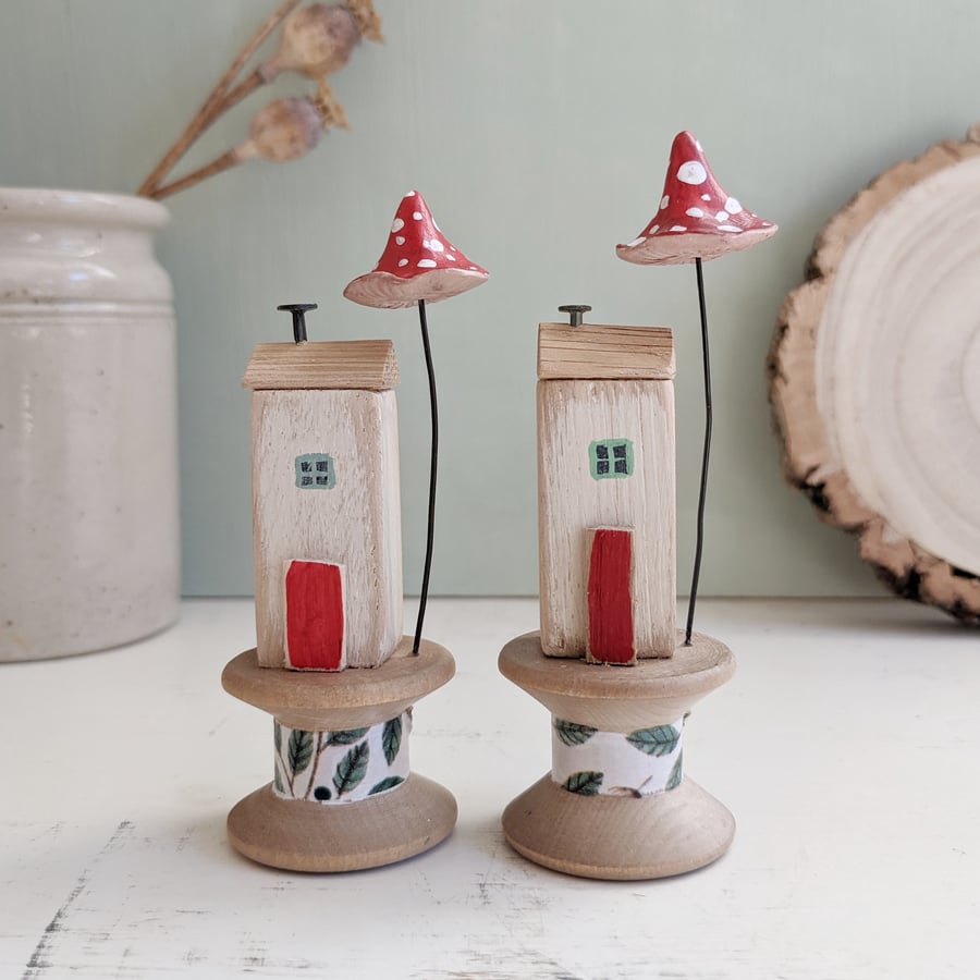 Little House on a Vintage Wood Bobbin with Clay Toadstool