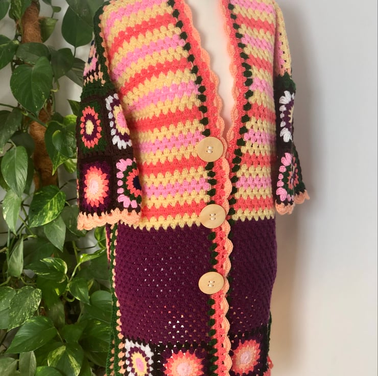 Ladies crochet granny square long cardigan. UK Folksy