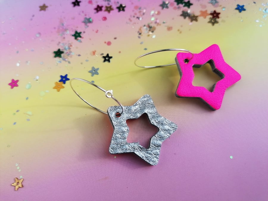 Reversible Star Hoop Earrings - Neon Pink & Silver