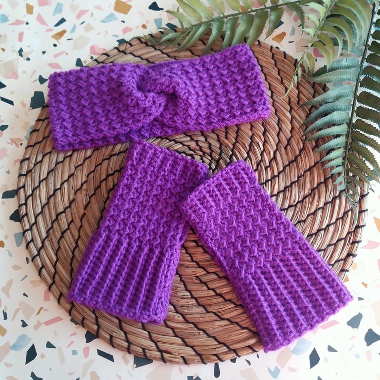 Crochet Purple Matching Headband & Fingerless Mitts Set 