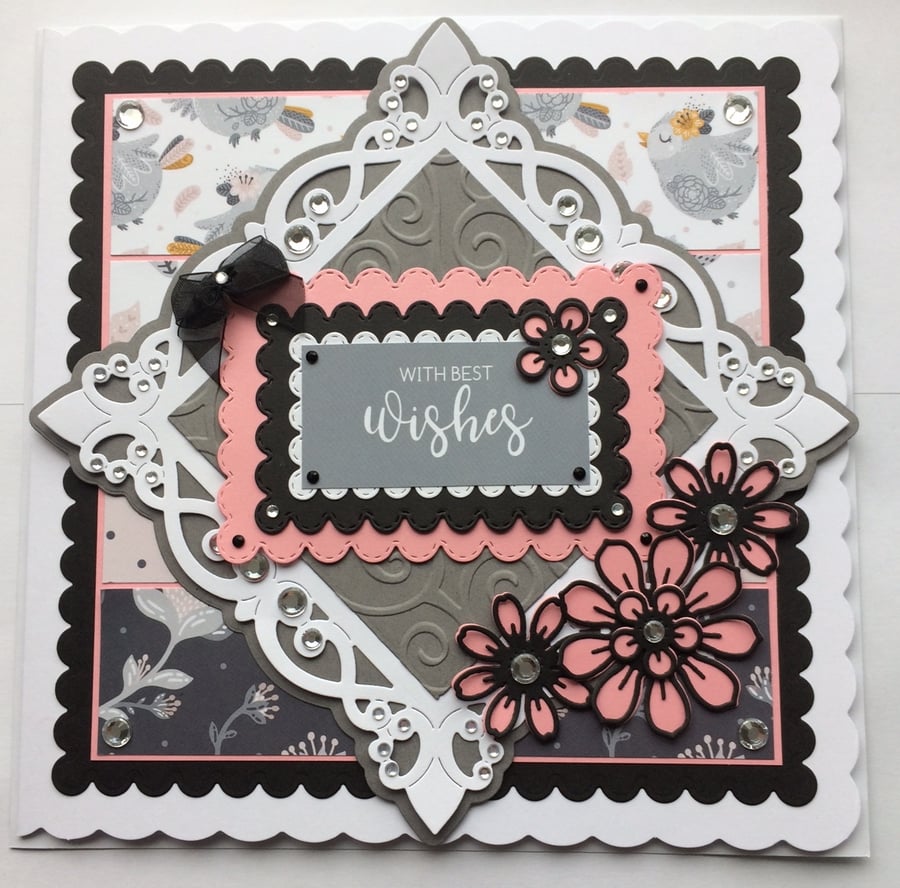 With Best Wishes Card Vintage Shabby Chic Flowers 3D Luxury Handmade Card
