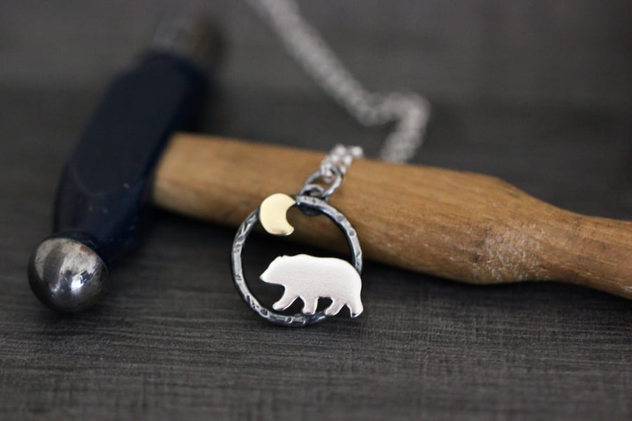 Mini Bear and Moon Necklace -Sterling silver and brass - Made to order