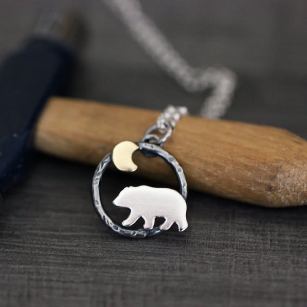 Mini Bear and Moon Necklace -Sterling silver and brass - Made to order