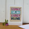 Two Little Doves hand-stitched miniature textile on card, pretty Liberty fabrics