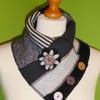 Neck Warmer Scarf with 3 button Trim. Upcycled Cowl. Felt Flower. Black and grey