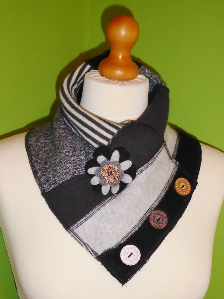 Neck Warmer Scarf with 3 button Trim. Upcycled Cowl. Felt Flower. Black and grey