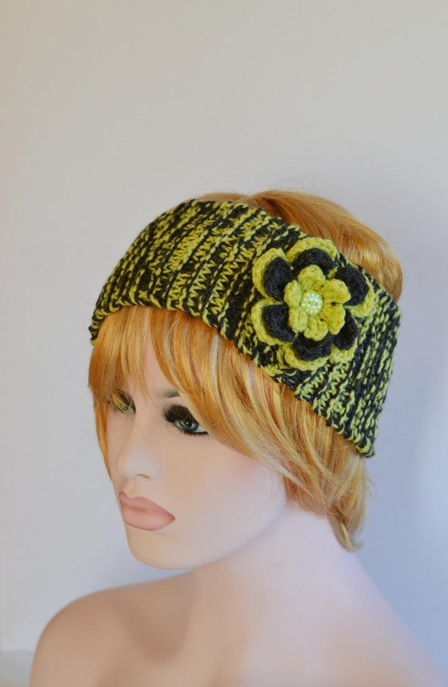 Knitted Headband Ear, charcoal and Meadow Green 7T - Adult 